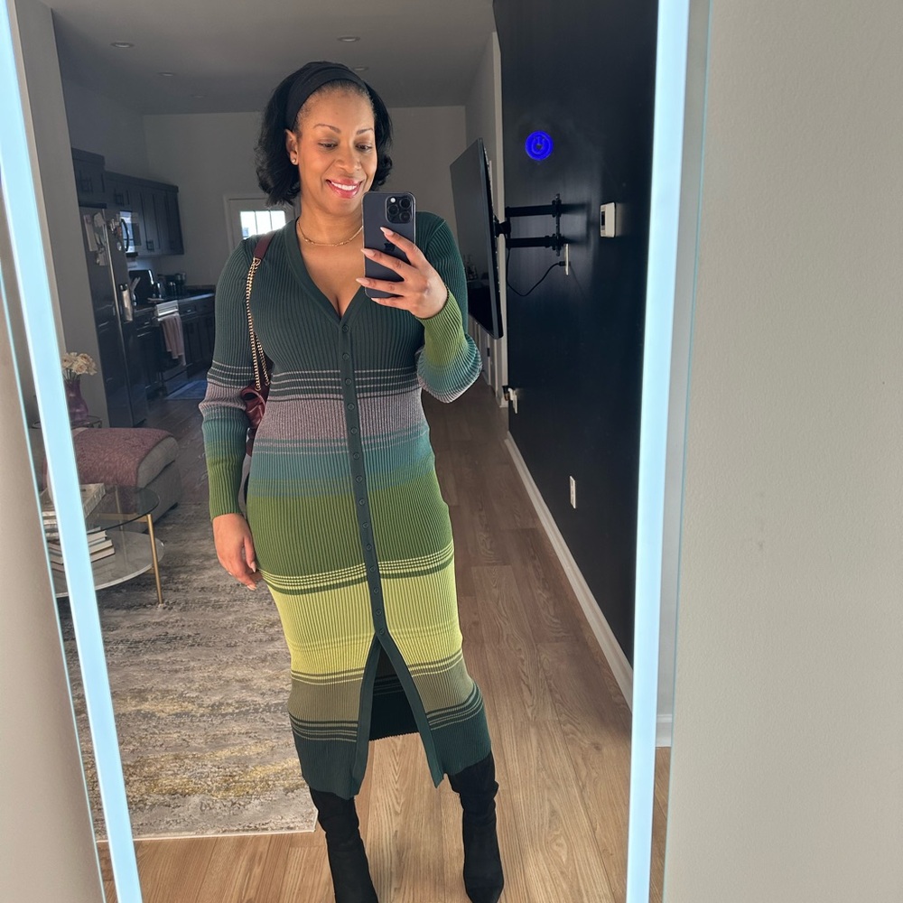 Staud Striped Green Long Cardigan Dress